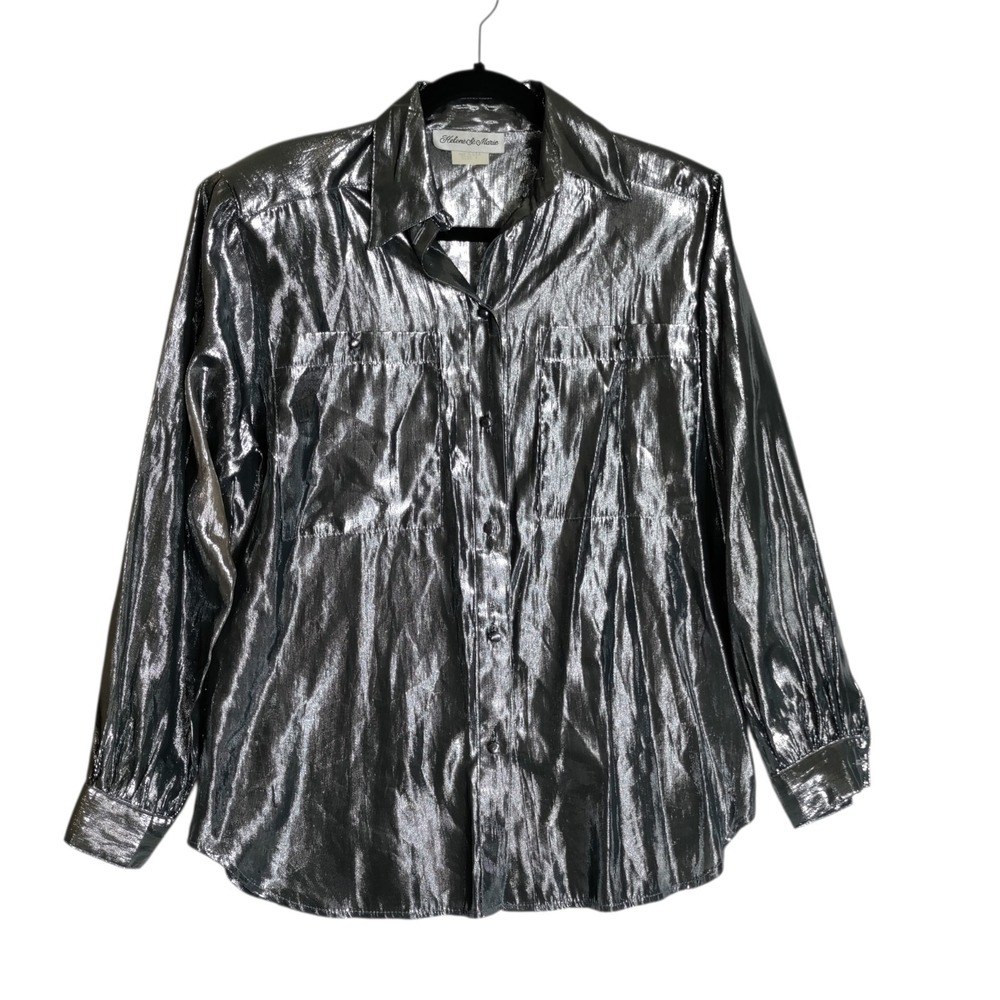 Vintage Helene St. Marie Womans Metallic Silver Button Front Blouse Size 4